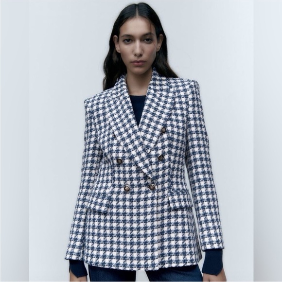 Zara Jackets & Blazers - NWOT Zara Woman Textured Double Breasted Houndstooth Blazer in Blue